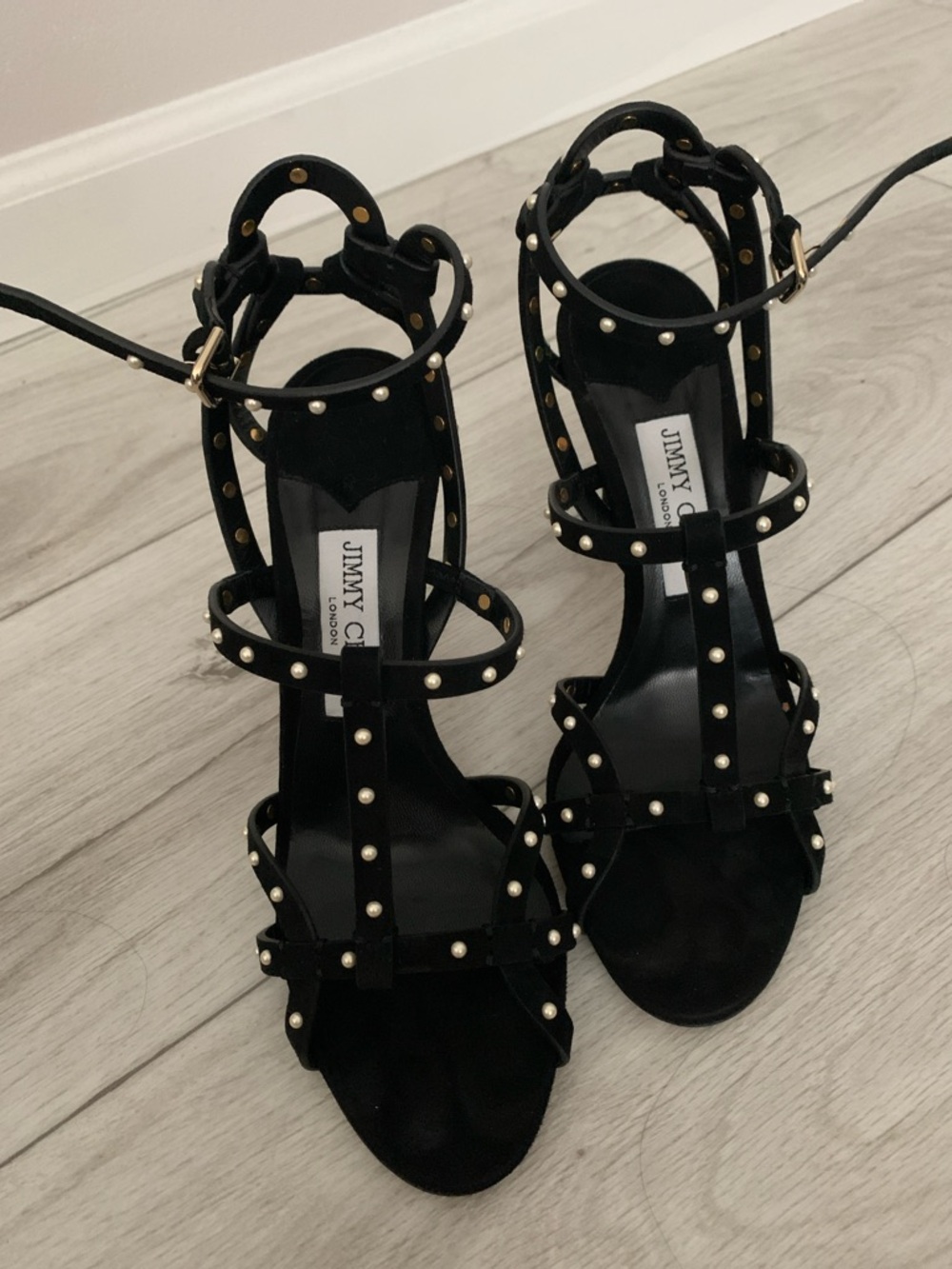 Jimmy Choo Black Pearl-Stud Strappy Stiletto Sandals